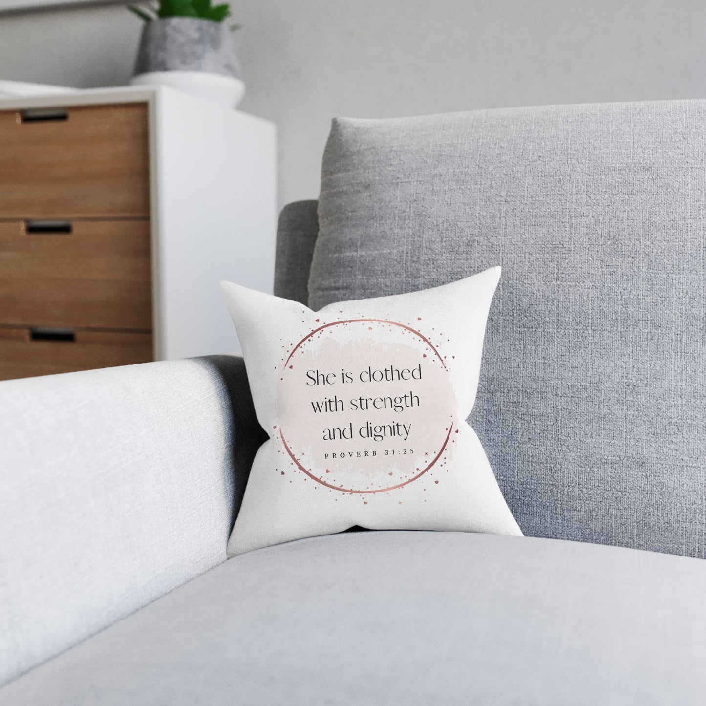 Proverb 31:25 White Pink Back Throw Pillow