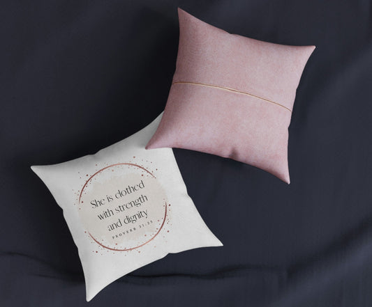 Proverb 31:25 White Pink Back Throw Pillow